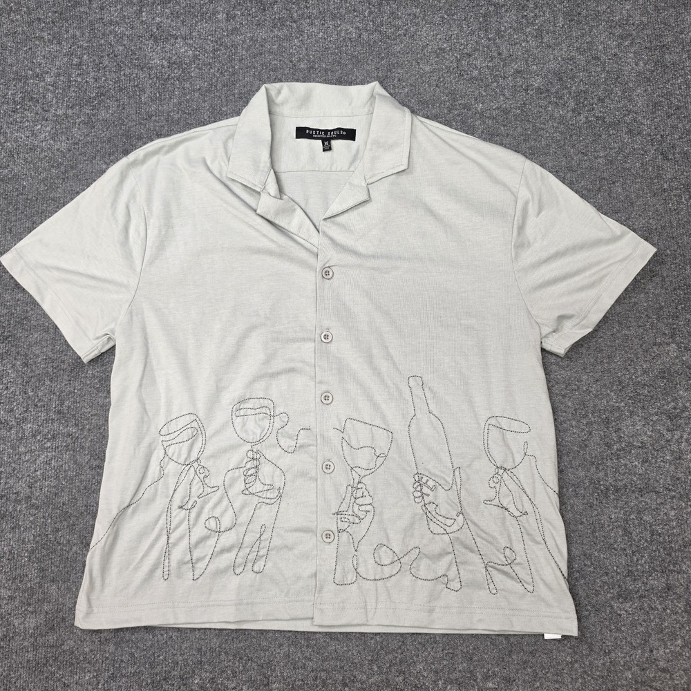 Rustic Souls Shirt Mens Medium Light Gray/Green Button Up Line Art Embroidery